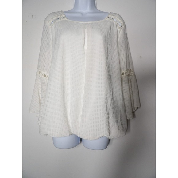 AB Studio Large Tunic Top White Boho Bell Sleeve Eyelet Lined Pleated Hippie Pea - Picture 2 of 11